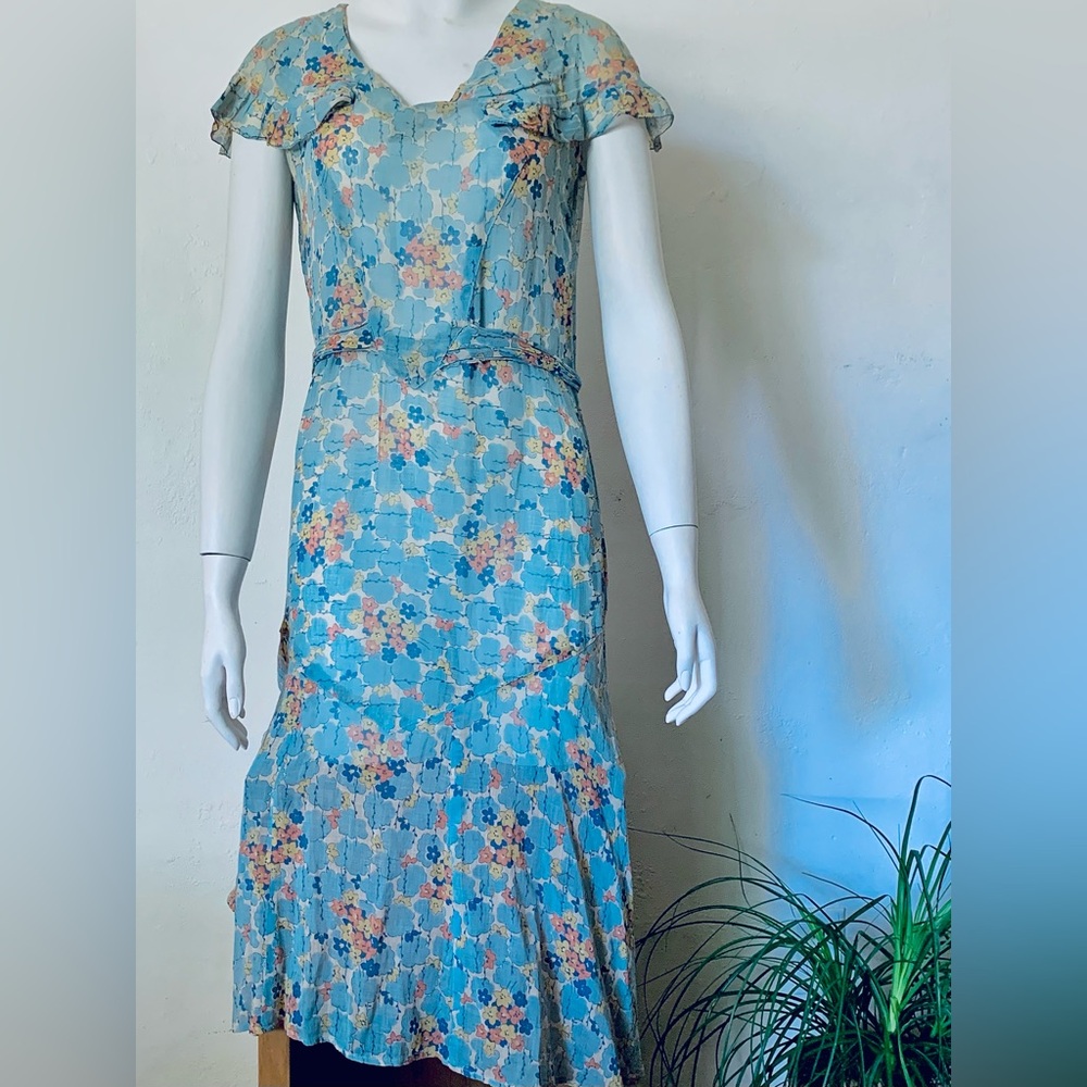 Sweet 1930s Blue & White Floral Cotton Gauze Dress With Sailor Flutter Collar